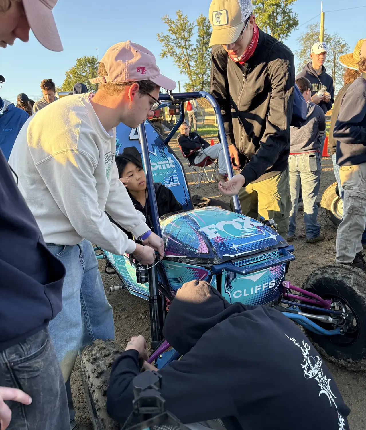 Working on the car at competition.